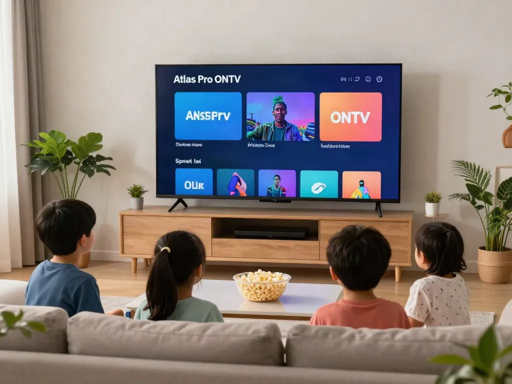 Famille profitant de l'application atlas pro ontv dans leur salon confortablement.