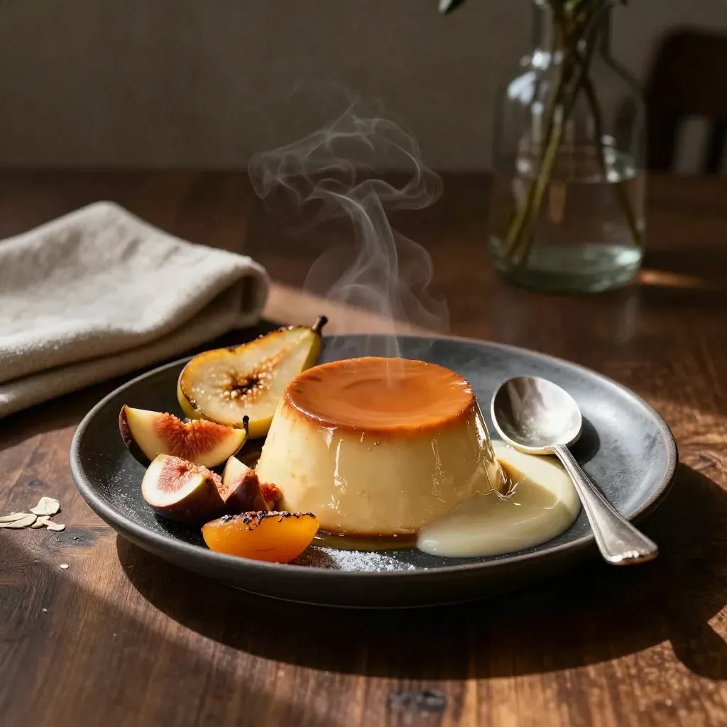 Flan doré maison avec fruits rôtis, crème et cuillère sur assiette sombre.