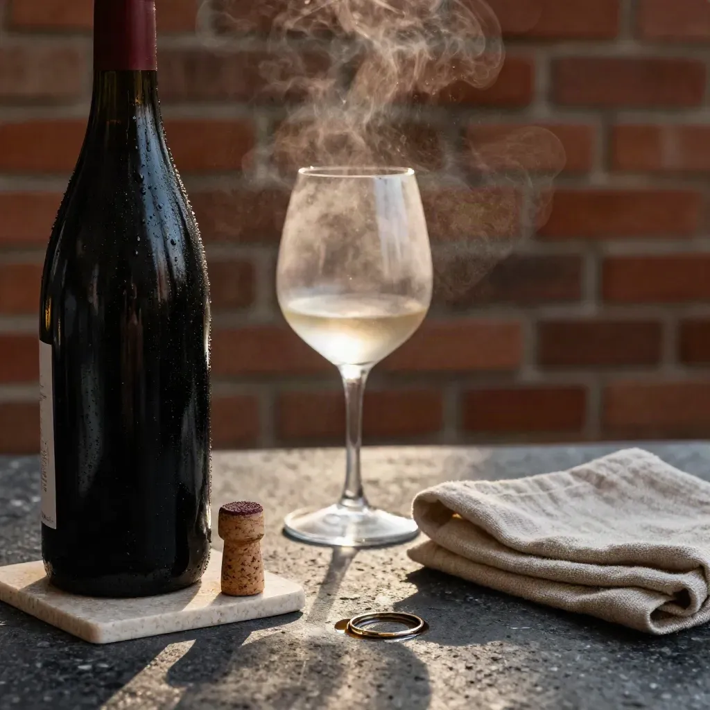 Bouteille de vin nature, carafe et verre ballon sur travertin, avec bouchon et buée en lumière douce.