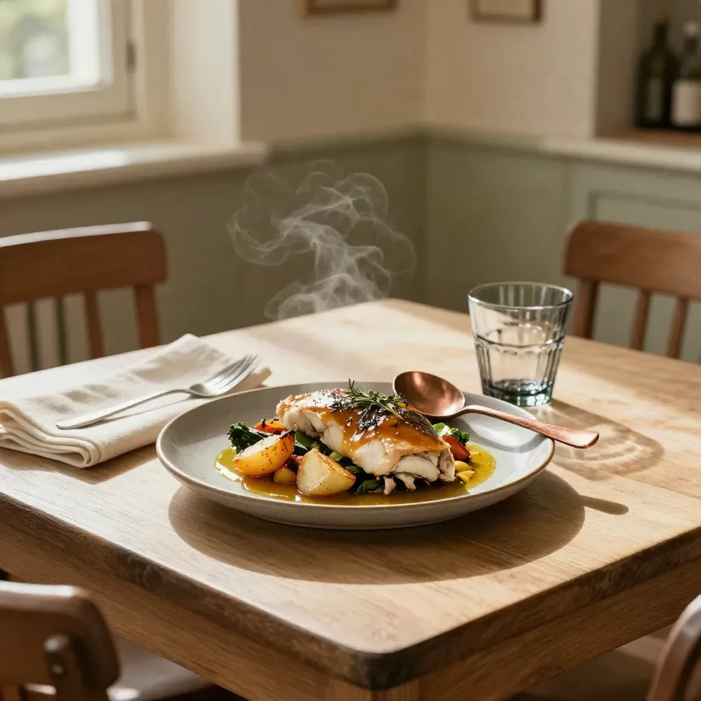Plat du jour fumant sur table de bistrot, lumière chaude et vaisselle en grès.