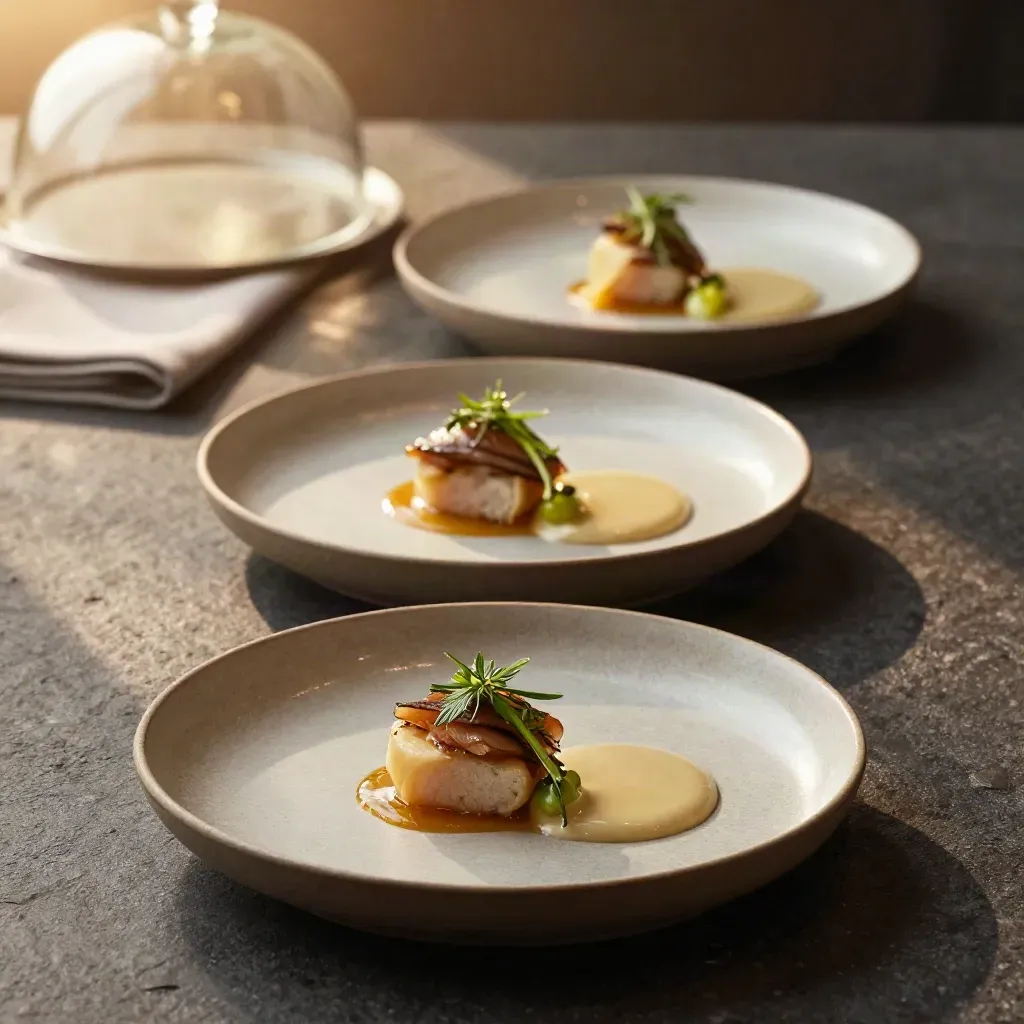 Trois petites assiettes de menu dégustation sur une table sombre, sauce laquée et herbes, lumière chaude.