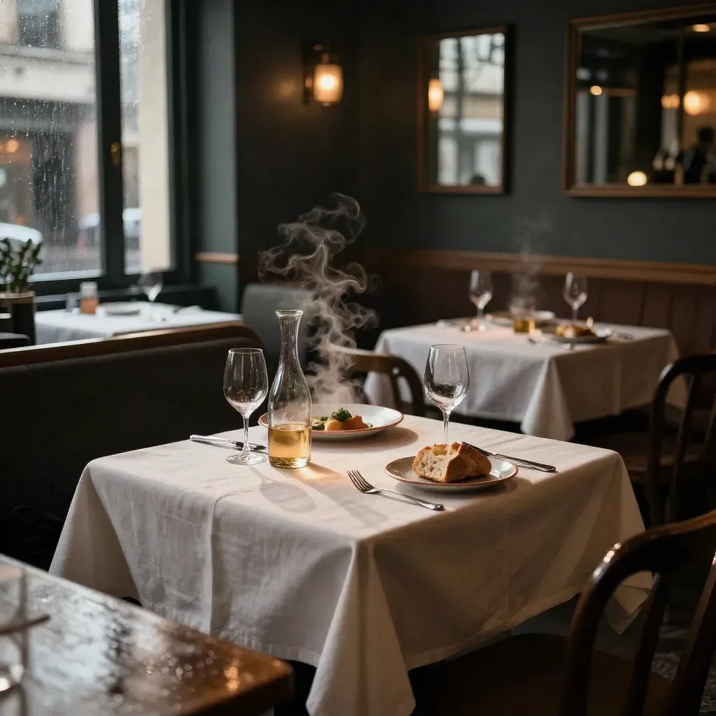 Salle de bistro sombre, table du soir dressée, pluie aux vitres et vapeur légère.