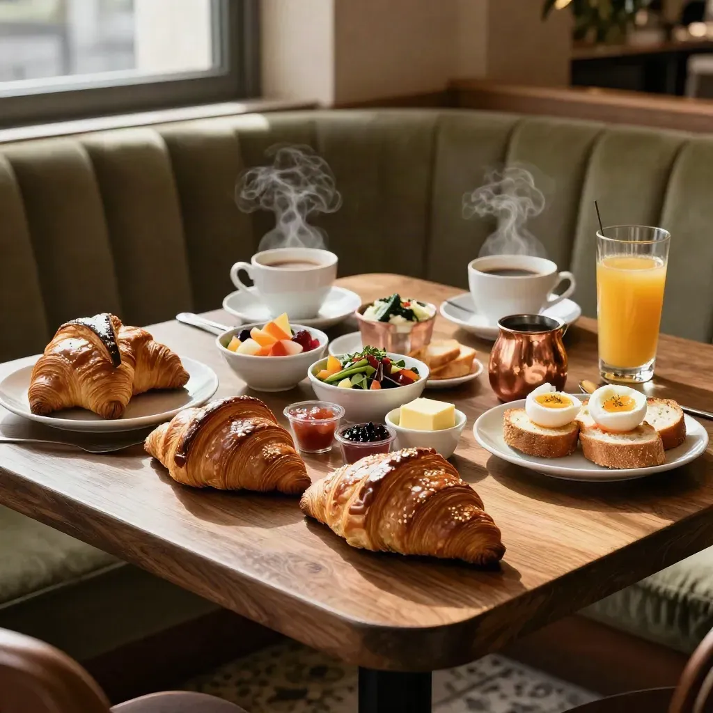 Brunch généreux sur table sombre, café fumant, jus et viennoiseries dans une lumière du matin.