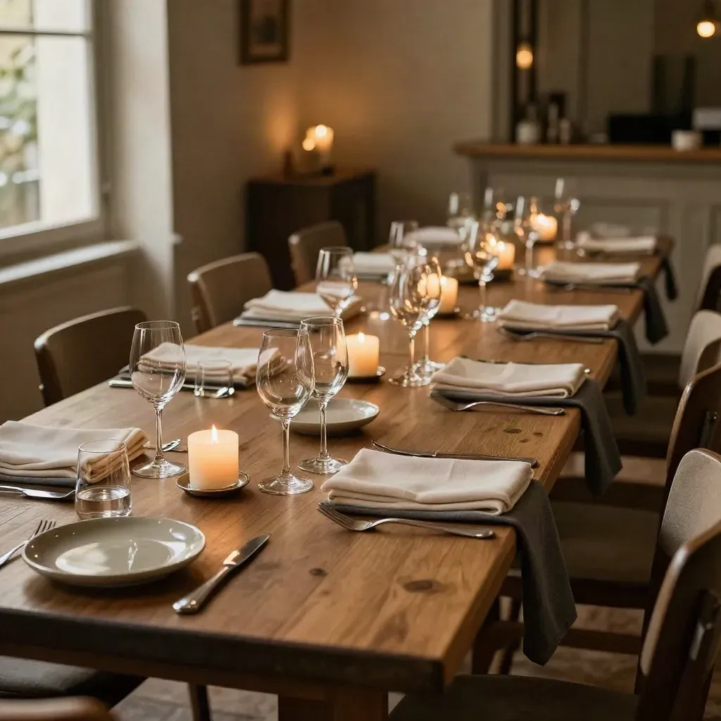 Table dressée pour privatisation, bougies basses et verres alignés dans une salle de bistrot chaleureuse.