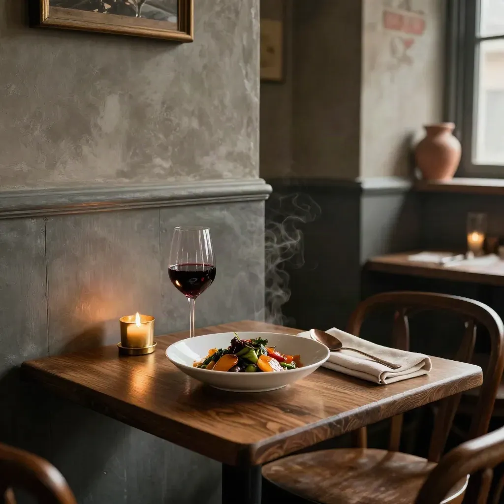 Table pour deux avec plat du jour, vin rouge et bougie dans une salle feutrée.