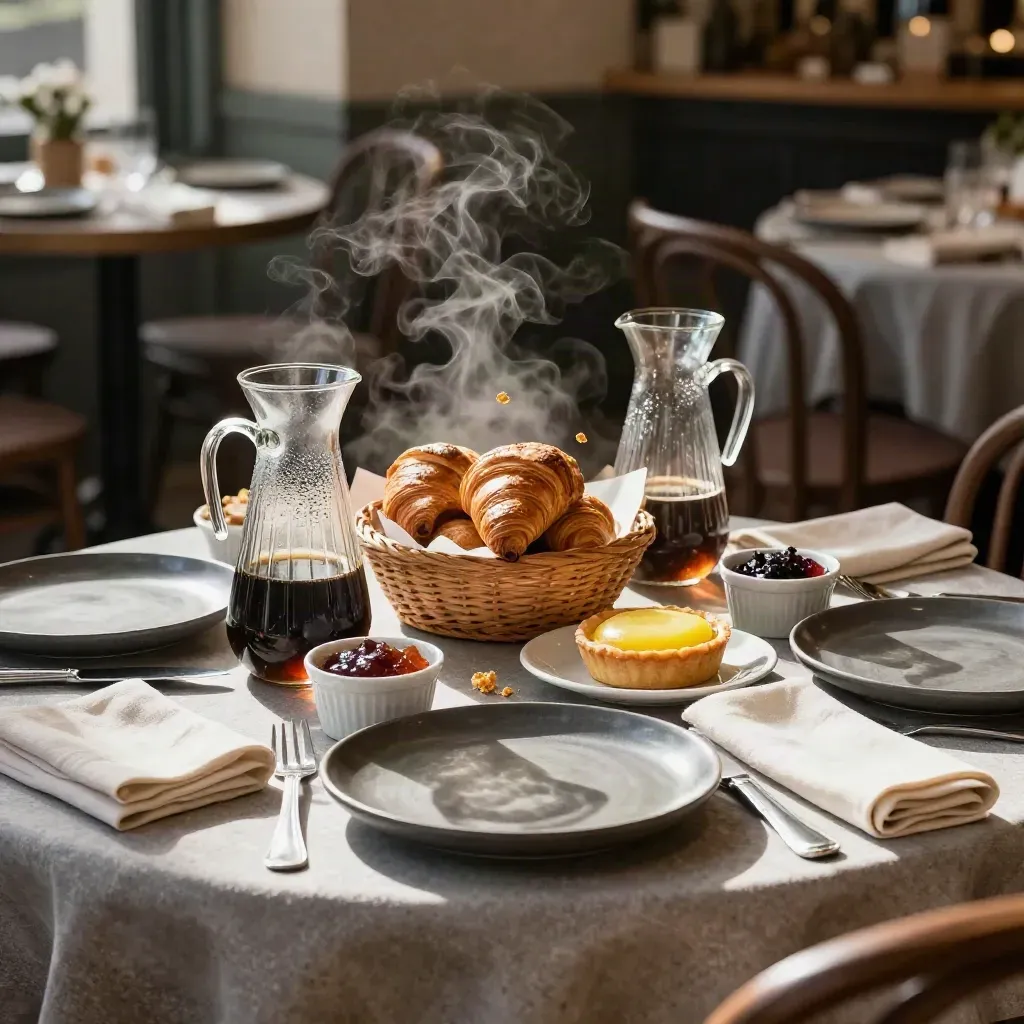 Brunch familial dressé pour neuf, café fumant, plats chauds et desserts maison sur linge gris.