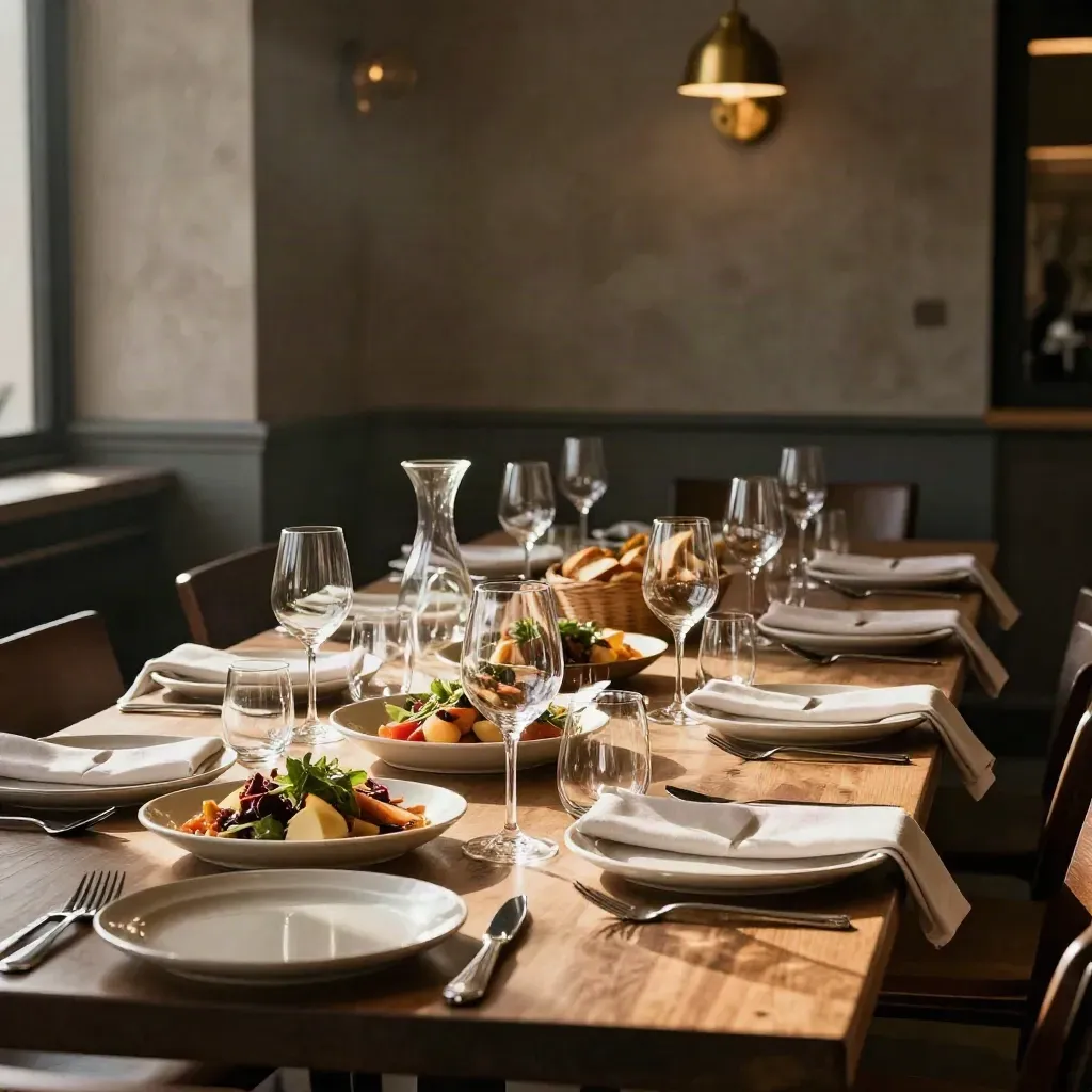 Grande table dressée dans un bistro sombre, plats à partager, verrerie alignée, lumière latérale.