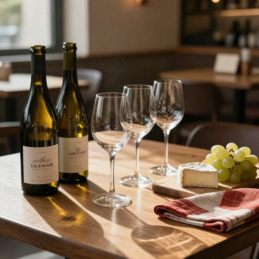Table de vins naturels avec carafe, verres, bouteilles et planche de fromages sur bois chaud.