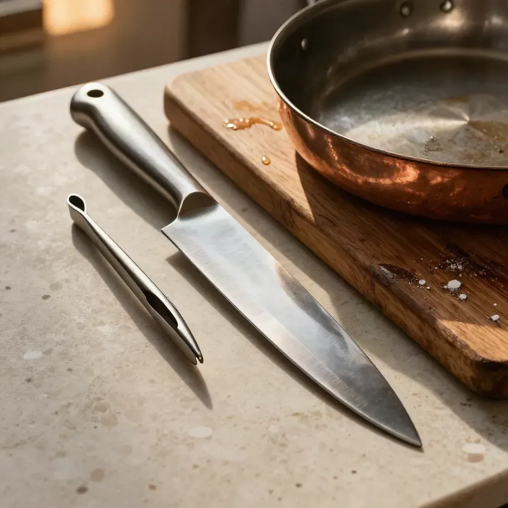 Macro d’outils de chef: couteau, pinces, poêle en cuivre et planche usée.
