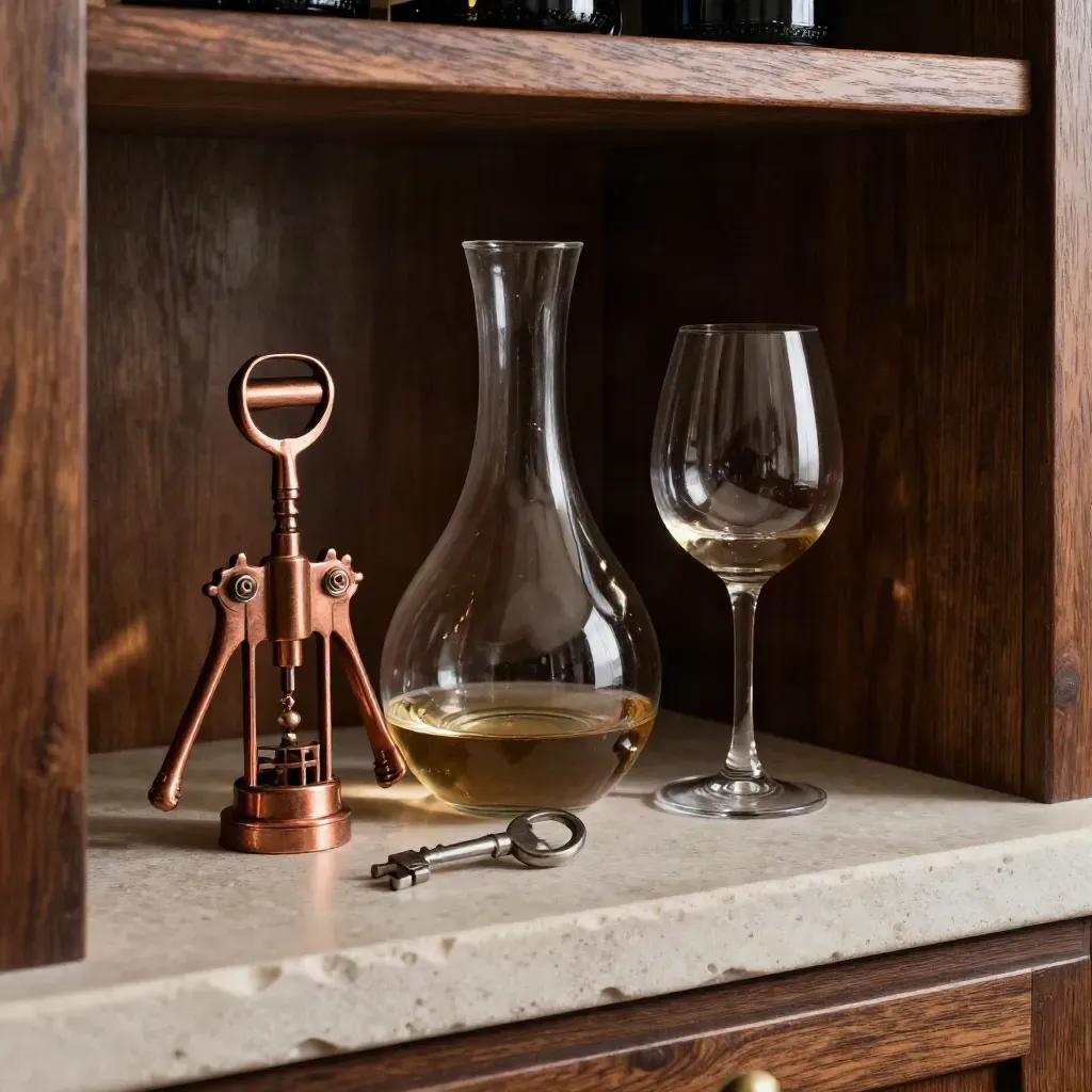 Tire-bouchon cuivre, décanteur, verre de dégustation et clé de cave sur pierre claire.