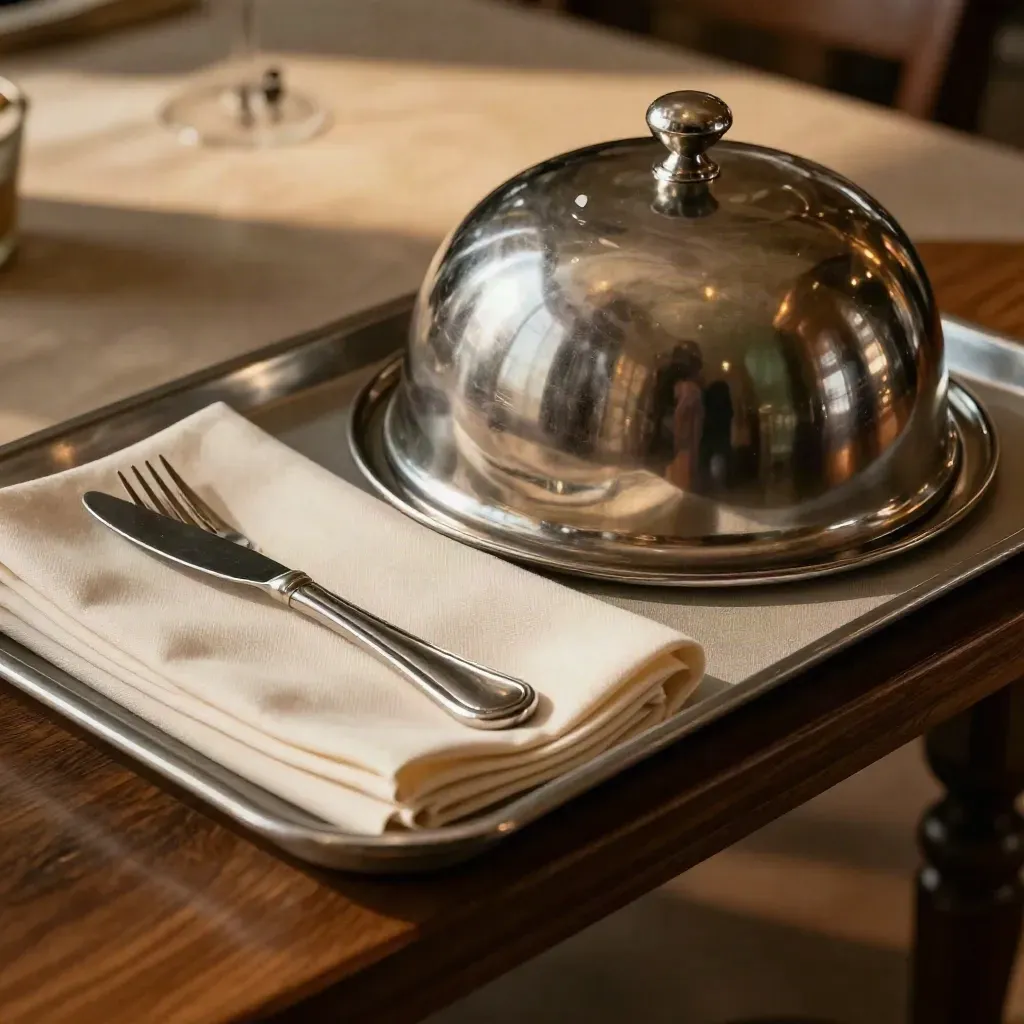 Cloche de service, linge plié et couverts polis sur une desserte feutrée.