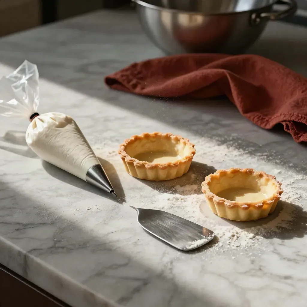 Matériel de pâtisserie sur marbre : cercle à tarte, poche à douille, spatule et sucre glace.