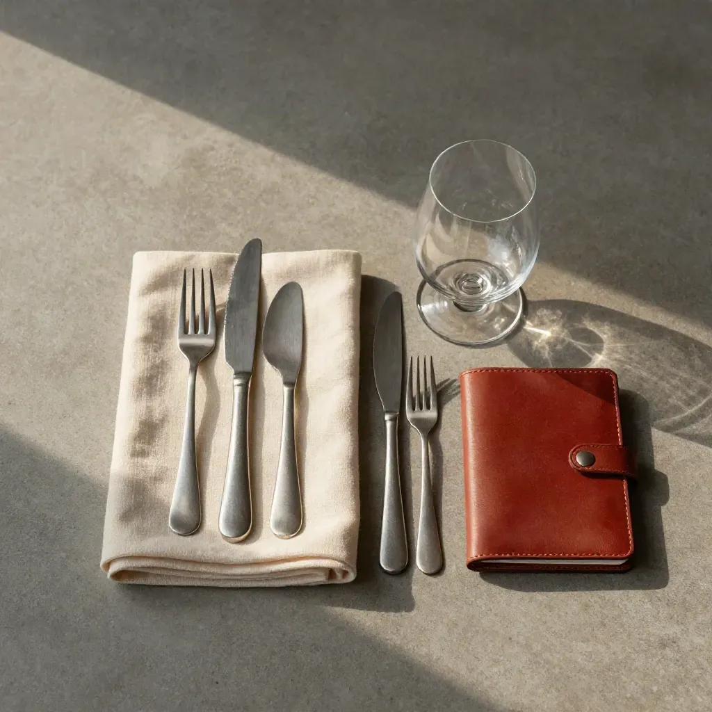 Quatre objets de service sur béton: nappe pliée, couverts, verre et carnet fermé, accent brique.