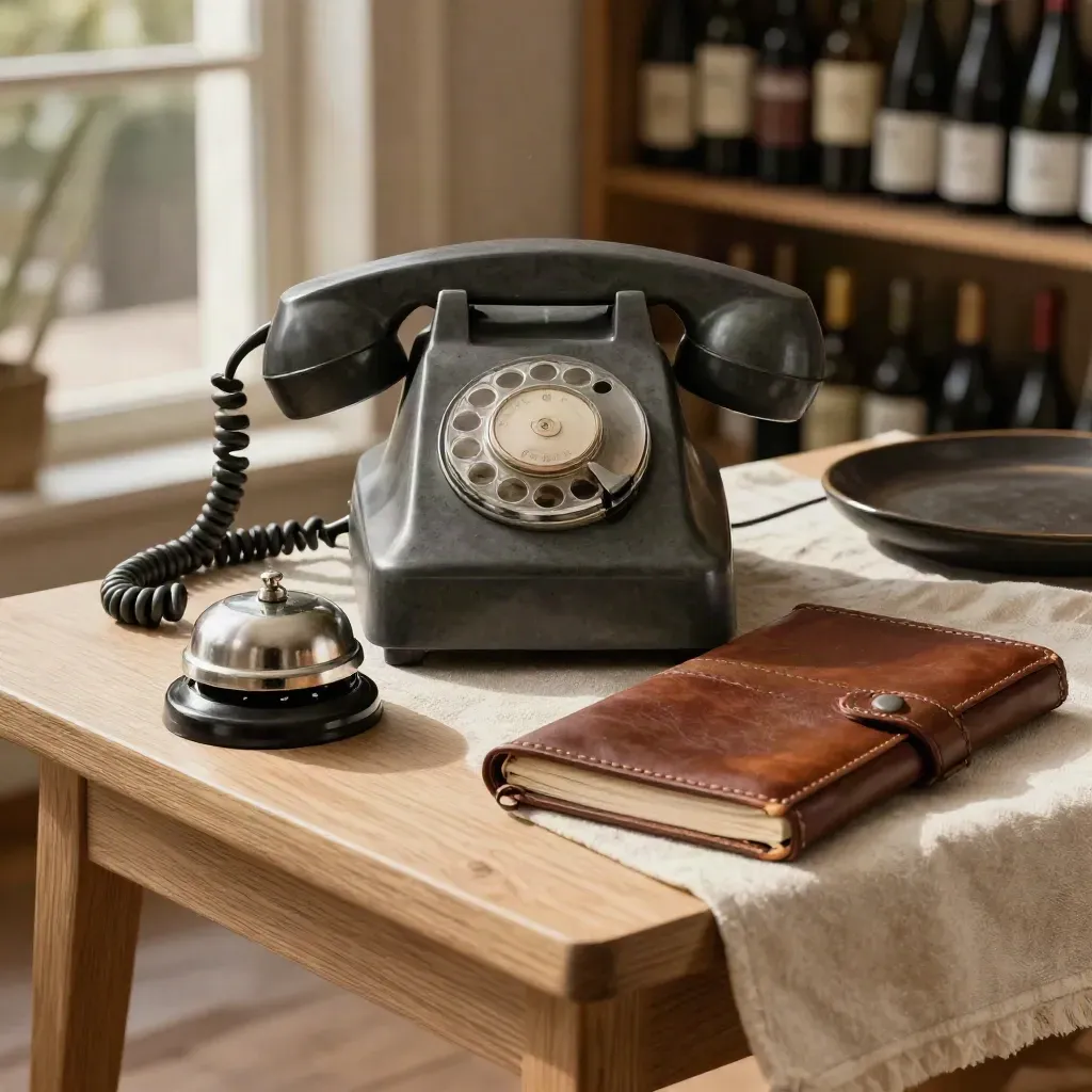 Téléphone vintage, cloche de table et carnet en cuir sur bois clair, lumière chaude de bistrot.