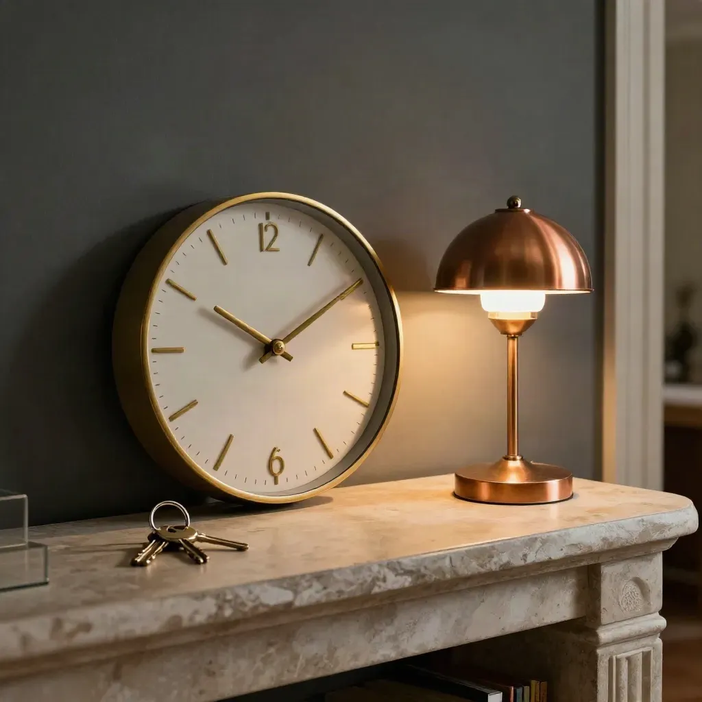 Horloge murale, clés de salle et lampe d’entrée sur console patinée, ambiance feutrée.