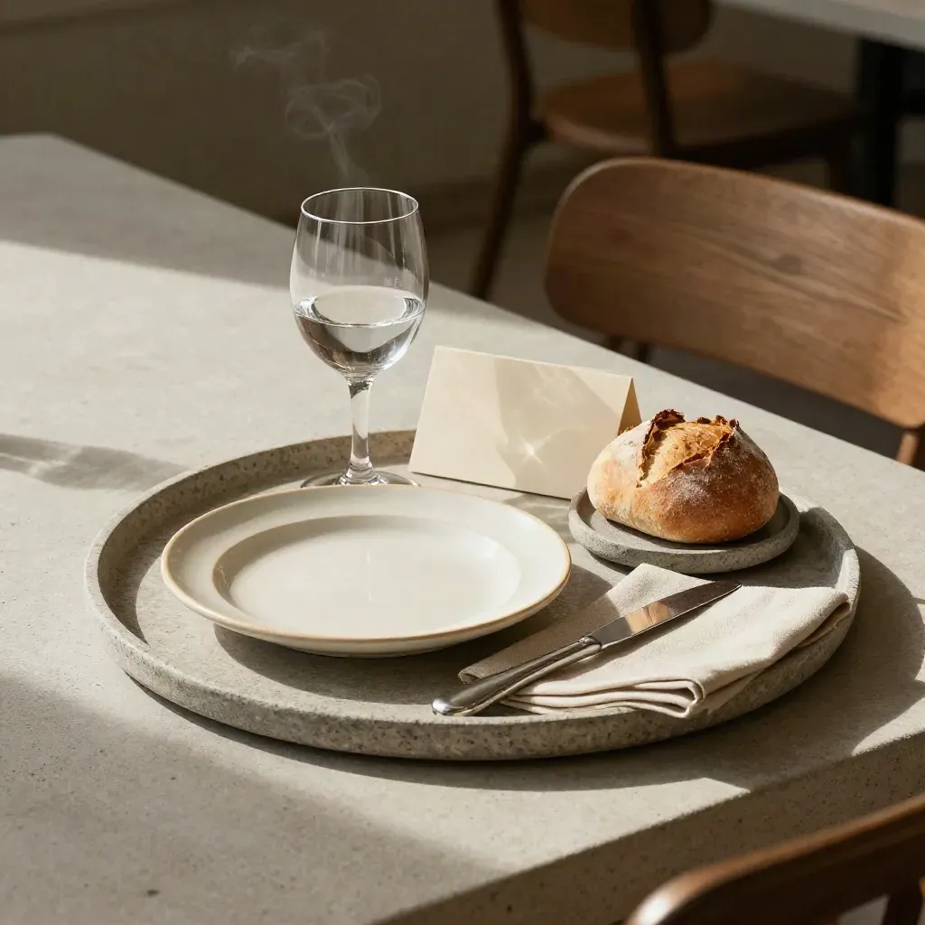 Plateau en pierre avec assiette, verre, pain et serviette pliée sur fond de bistrot.