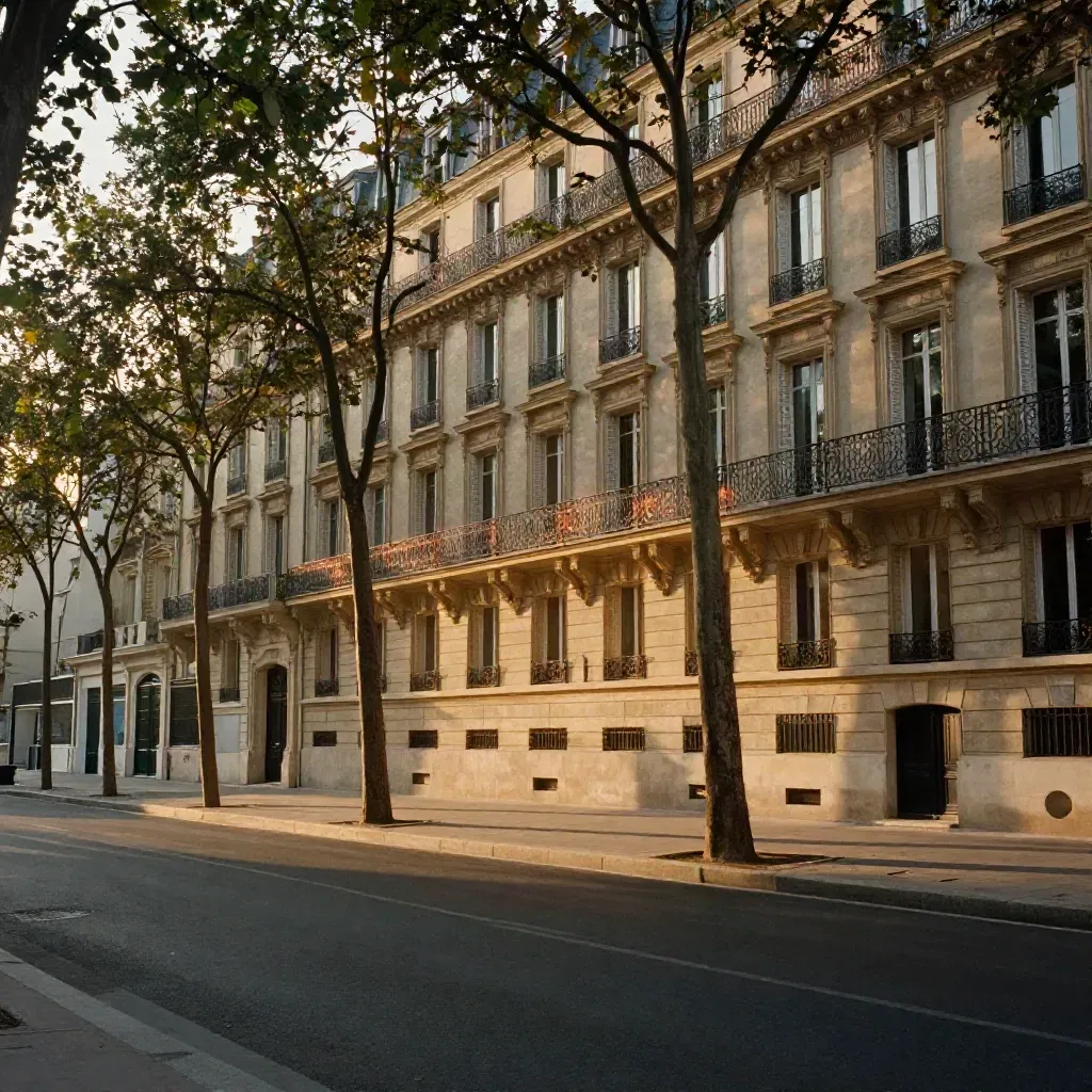 Boulevard haussmannien à l’ouest de Paris, façades de pierre et arbres dorés au couchant.