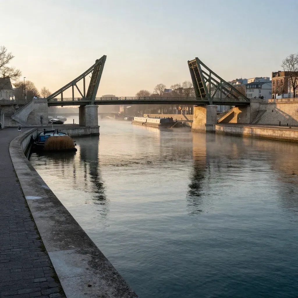 Canal brumeux de l’Île-de-France nord, pont de métal et berges minérales au couchant.