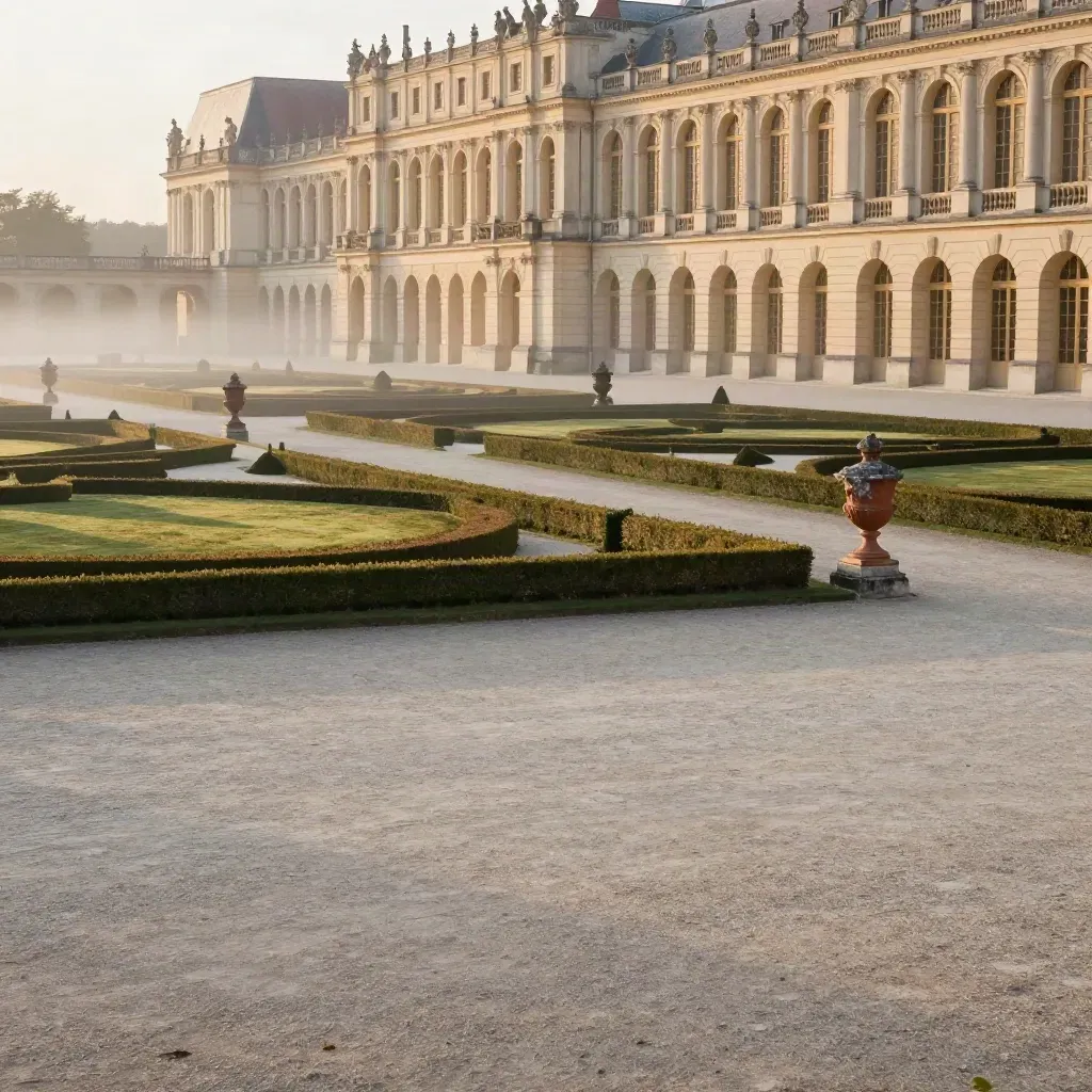 Parterres de Versailles au matin, avec palais lointain et brume légère.
