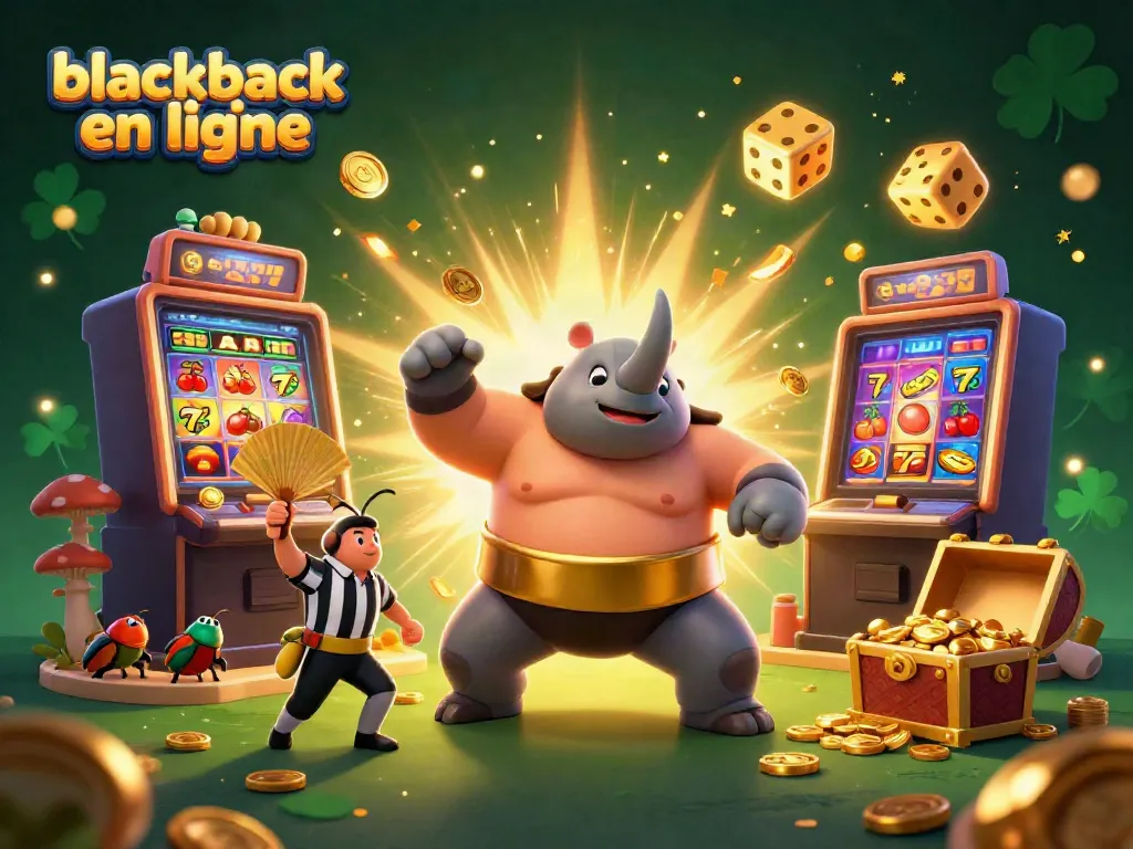 Jouer au blackjack en ligne avec un champion scarabée dans cette illustration dynamique remplie d'éléments de casino.
